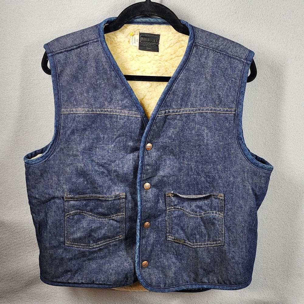 Vintage Roebucks Vest Mens‎ Large Blue Denim Sherpa Lined Workwear Sears 70s